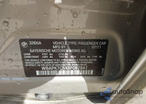 2011 BMW 328I xDrive из США, поврежденный, VIN WBAPK7C5XBF087847